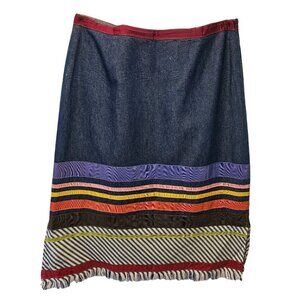 Neesh By DAR Denim Pencil Skirt Sz M Multicolor Striped Ribbon Applique